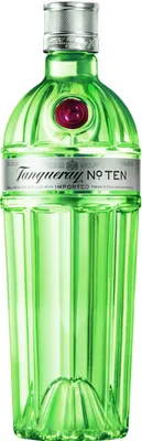A studio shot of a bottle of Tanqueray No. Ten Gin.