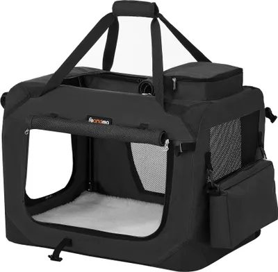 A black foldable pet carrier with a white fluffy interior, shown from a slightly elevated front-left angle.