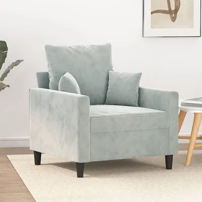 Produktbild von Moderner grauer Wohnzimmer-Sessel mit gepolsterter Sitzfläche, Metallgestell und weichem Samtbezug