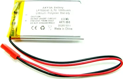 Immagine prodotto di Batteria Li-Polimeri, 1000mAh, 3,7V, connettore JST-2, dimensioni 7,0 x 30 x 48 mm