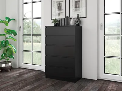 A black dresser with five drawers stands in a room with large windows and a plant.
