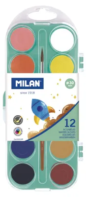 Aquarellfarbkasten 12 Tabletten 30 mm mit Pinsel, bunt