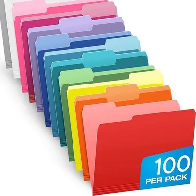 Imagen del producto de Carpetas de colores: 100 unidades en 12 colores diferentes, con etiquetas preimpresas de 1/3 de tamaño