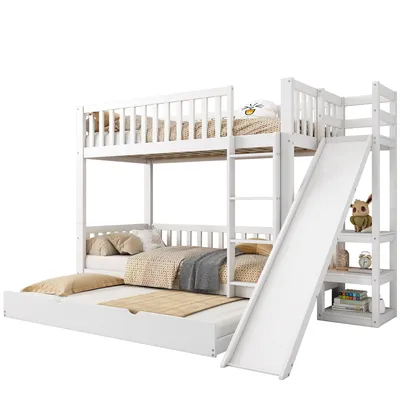 Produktbild von Etagenbett mit Rollbett, Kinderbett, mit Fallschutzgitter, mit Rutsche und Regale, mit 4-stufiger gerader Leiter, Kiefer+MDF, Weiß, 90x200/190cm