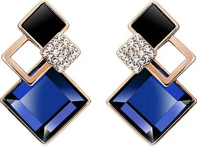 Produktbild von Damenmode rhombische Strass Eardrop koreanischen Stil Ohrringe Party Schmuck-Gold + Blau