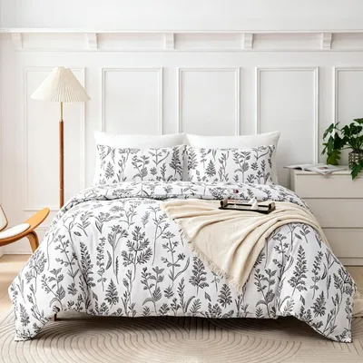 Obrázok produktu pre Sada posteľnej bielizne 155x220 cm, 3-dielna, mikrovlákno, biela s botanickými motívmi