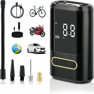 Produktbild von Elektrische Luftpumpe mit 4000mAh Akku, 150PSI, Tragbar Fahrradpumpe mit LED Licht und Autoaufladung, Mini Kompressor für Alle Ventile,Auto,Fahrrad