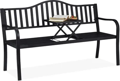 Productafbeelding van Tuinbank met inklapbare tafel - Zits - Stabiel - Tuin - Metalen balkonbank - 89 x 150 x 58,5 cm () - Zwart