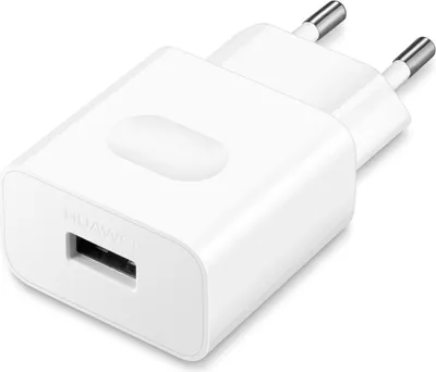 A white Huawei USB charger with European plug prongs.