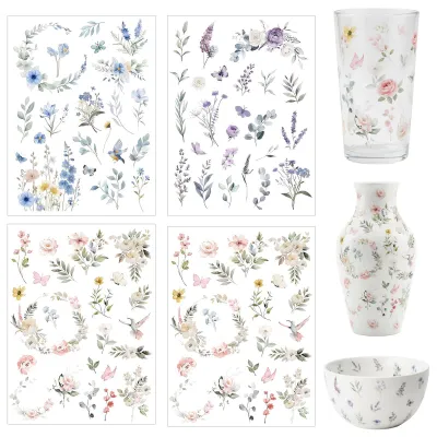 4 Blatt Rub-On-Sticker Blumen, 19x14 cm, selbstklebend