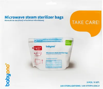 The image shows the packaging of Babyono microwave steam sterilizer bags.