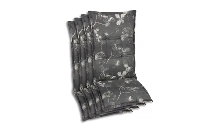 A stack of chair cushions with a floral pattern.