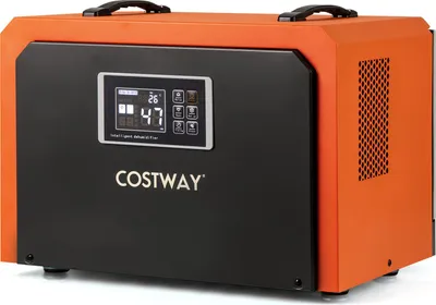A close-up studio shot of a COSTWAY brand dehumidifier. The dehumidifier is orange and black with a digital display showing temperature and humidity levels. It is positioned at a slight angle on a white background.