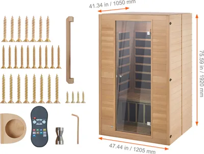 Obrázok produktu pre VEVOR infračervená drevená sauna, domáce saunové kúpele, pre 2 osoby, nízkoemisné infračervené sauny z dreva hemlock s dverami z tvrdeného skla a 2 reproduktormi Bluetooth, 1800 W
