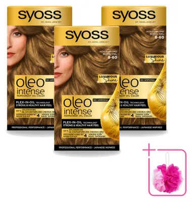 Imagen del producto de 3 unidades de SYOSS Oleo Intense 8-60, tono rubio miel. Tinte permanente para el cabello sin amoníaco. Pack económico