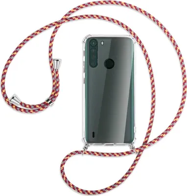 Produktbild von Handykette Backcover-Schutzhülle mit Band (Metall silberfarben) für Motorola One Fusion - weinrot/gelb/grau