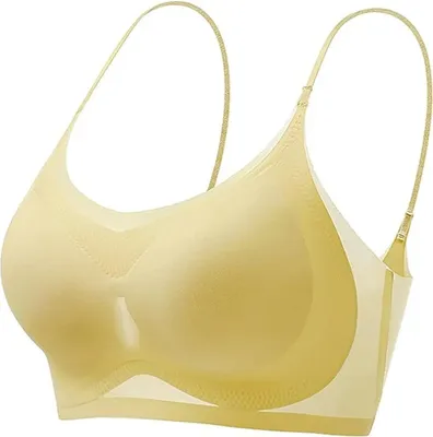 Image de ASKSA Soutien-gorge de sport pour femme, ultra-léger, en soie de riz, sans armatures Soutien-gorge push up, jaune, 2XL