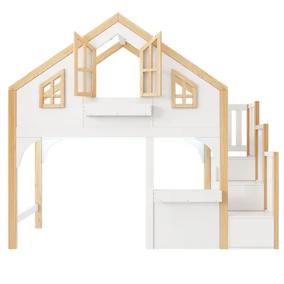 Produktbild von Flieks Etagenbett 90x200cm mit Led, Kinderbett Hausbett mit Treppe und Stauraum, Hochbett mit Lattenrost und Rausfallschutz, Naturbelassen