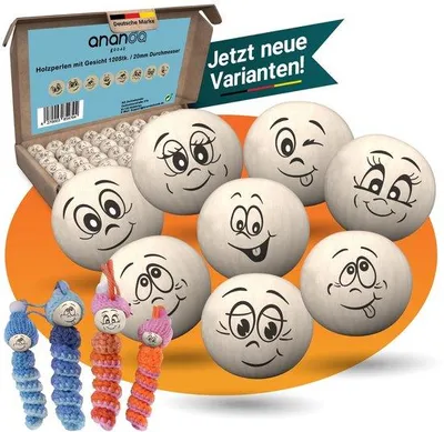 Produktbild von Holzperlen 20mm mit Gesichtern für DIY Schlüsselanhänger