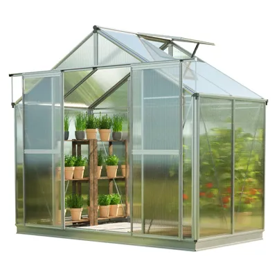 Produktbild von GFP Gewächshaus Topas 2 aus Alu 225x133 cm ca. 6 mm Doppelstegplatten mit Fundamentrahmen, automatischer Fensteröffner
