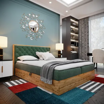 A bedroom scene featuring a bed, nightstands, a bookshelf, and a desk with a chair.