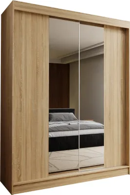 Produktbild von Masseno Schiebetürenschrank LUCENZA 150 cm Kleiderschrank Schlafzimmer Schrank 2-türig mit Spiegel Sonoma Eiche