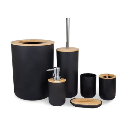 Produktbild von Badezimmer-Zubehör-Set Zahnbürstenhalter aus Bambusholz,freistehender Seifenspender, Küchentasse, Toilettenbürste, Wohnzimmer, Mülleimer – Schwarz