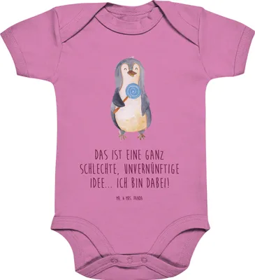 Produktbild von Mr. & Mrs. Panda Strampler Pinguin Lolli 6. - 12. Monat - Bubble Gum Pink - Geschenk, Baby, Unvernünftig, babykleidung body, Spruch, Kurzarmbody, Süßigkeiten, Einteiler