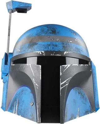 A close-up, front-facing view of a blue and black Mandalorian helmet.