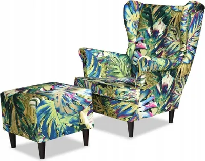 Produktbild von Family Meble Ohrensessel mit Hocker Print Relaxsessel Skandinavisch Bequemer Sessel Loungesessel Fernsehsessel Wohnzimmer Schlafzimmer Büro (M 120)