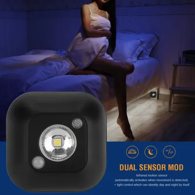 Image de Mini lampe de nuit sans fil à détecteur de mouvement infrarouge LED Alimentation par batterie Lampe pour armoire de garde-robe Noir