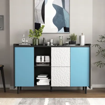 Produktbild von Sideboard Kommode Anrichte mit 2 blauen Türen & 2 Schubladen, Modernes Design Schwarz-blau, 120x40x80 cm, Küchenbuffet & Wohnzimmerschrank aus MDF