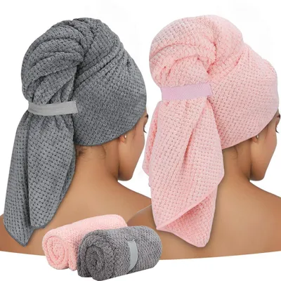 Immagine prodotto di 2 turbanti per capelli in microfibra, 100x60 cm, ad asciugatura rapida e altamente assorbenti, colore grigio/rosa