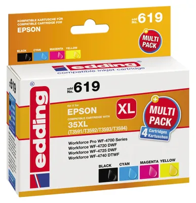 The image shows the retail packaging of a multipack of Edding compatible inkjet cartridges for Epson printers.