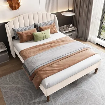 Produktbild von Odikalo Polsterbett 90*200 mit Lattenrost und Kopfteil, Jugendbett, Einzelbett, Holzlattenunterstützung, Einfache Montage, Samt, beige