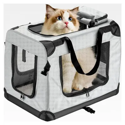 Produktbild von Faltbare Transportbox für Hunde und Katzen M (60x42x44cm), robust, leicht, sicher, mit Tragegriff und Decke, Grau