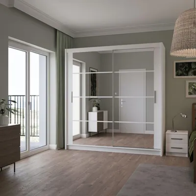 Produktbild von Krudox PRDK 203 cm Weiss Schwebetürenschrank Mit Spiegel Kleiderschrank Für Wohnzimmer Mit 2 Kleiderstangen Farben: Weiss/Schwarz/Graphit