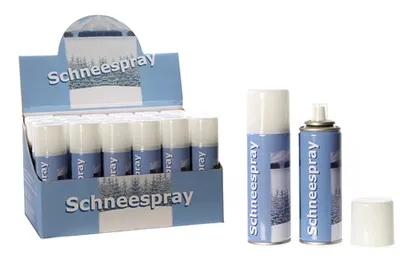 A display box of snow spray cans and two individual cans with a cap.
