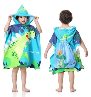 Obrázek produktu pro Dětský plážový pončo s kapucí, mikrovlákno, modro-zelený dinosaurus, velikost 85-110 cm
