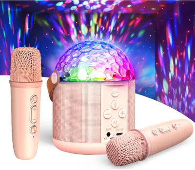 Produktbild von Karaoke-Set, Farbe Rosa, Bluetooth - 2 Mikrofone - Tragbar - Mit Disco-Licht