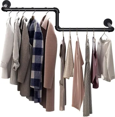 Produktbild von Z-förmig Kleiderstange Industrial- 100 cm lang Kleiderstange Wandmontage -  Industrierohr Wand Kleiderstange Schwarz