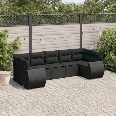 Produktbild von Design 7-tlg. Garten-Sofagarnitur mit Kissen Schwarz Poly Rattan, Gartenmöbel-Sets 2024 Neu