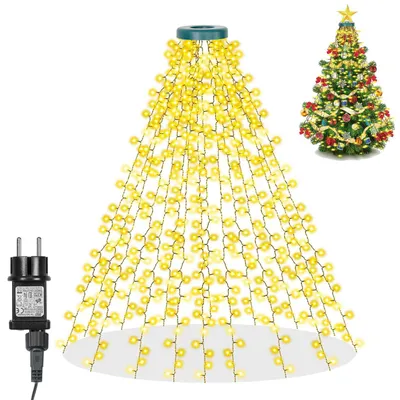 A string of yellow LED lights designed to be hung on a Christmas tree, with a power adapter shown separately.