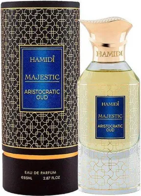 A perfume bottle and its packaging are displayed against a white background.