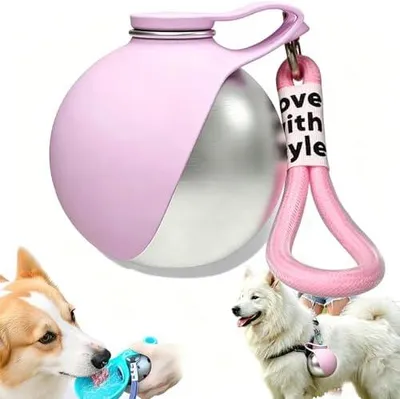 Produktbild von Trinkflasche Hunde für Unterwegs, Hundetrinkflasche für Unterwegs, 285ml Hunde Trinkflasche aus Edelstahl, Auslaufsichere Wasserflasche mit Faltbarem Silikonnapf für Klein Hunde Katzen Camping (Rosa)