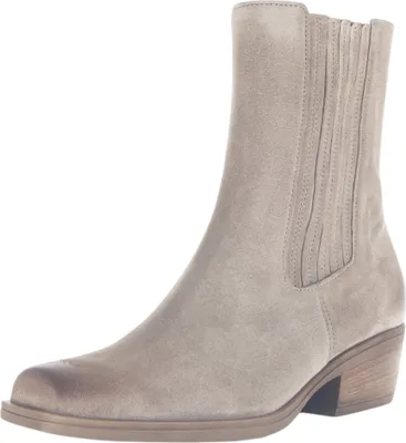 A single beige suede boot is shown against a white background.