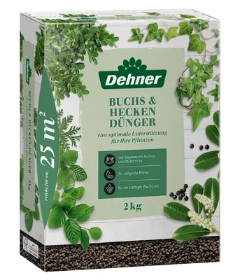 Produktbild von Dehner Buchs- und Heckendünger, hochwertiger Dünger für Buchs / Hecken, organischer NPK-Dünger, mit Spurennährstoffen, organisch mineralisch, 2 kg, für ca. 25 qm