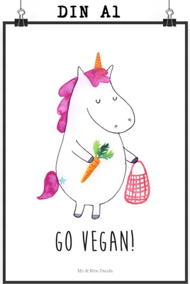 Produktbild von Mr. & Mrs. Panda Bild Einhorn Vegan DIN A1 - Weiß - Geschenk, Gesund Leben, Deko, Veganer, wanddeko, essen, Plakat, Wandbild, drucke, Unicorn, Veganismus, Rohkost