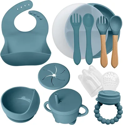 Image de Ensemble de boîtes repas en silicone pour bébé, comprenant 10 pièces : assiette et bol avec ventouse, cuillère et fourchette, et bavoir