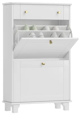 Image de Armoire étroite pour chaussures, idéale pour les couloirs - Meuble de rangement pour chaussures - Portes rabattables et tiroirs - Étagère réglable en hauteur - Dimensions : 60 x 23,5 x 98,5 cm - Couleur : vert armée